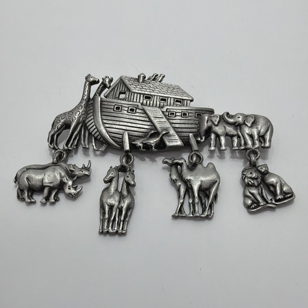 Vintage Noah’s Ark Brooch Pewter Dangling Animals Signed JJ Bible Religion Jesus